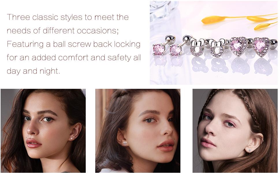 Milacolato 3Pairs 925 Sterling Silver Stud Earrings for Women Girls Cubic Zirconia Heart Mouse Stud Earrings Hypoallergenic 18G Cartilage Tragus Helix Screwback Stud Earrings Set for Kids Toddlers Teens