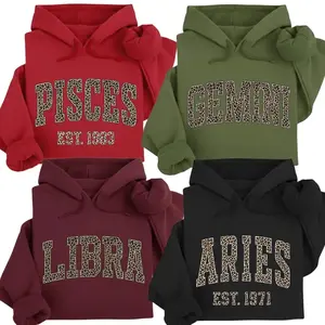 (LEAVE A NOTE OR DM SHOP) Full 12 Minimalist Zodiac Hoodie, Trendy Astrology Sign Pullover, Leopard Print Letter Hoodie, Optional Custom EST Birth Year, Unisex Horoscope Streetwear Gif