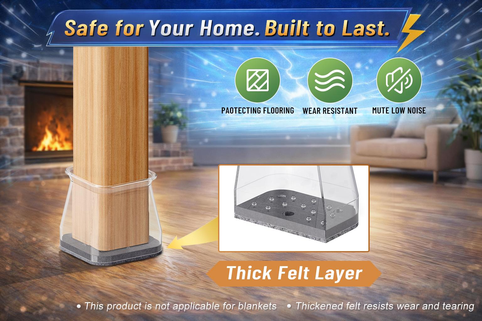 Square Chair Leg Floor Protectors, Furniture felt pads for Hardwood Floors, furniture Sliders for Chair Legs, Floor Protectors for Chairs, reduces noise Silicone Chair Leg Caps Cover, Large, Clear