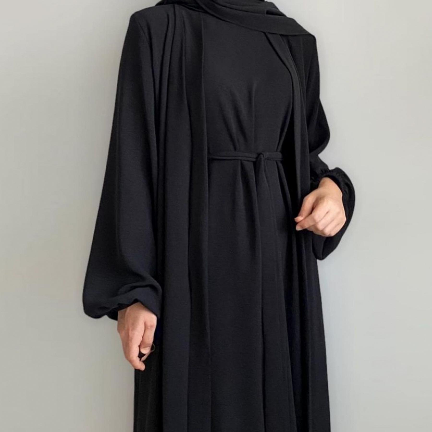 MOA092 Solid Color Elegant Open Abaya with Pockets 3-Piece Set for Women Breathable Fabric Full Length Jilbab Summer Outfits Modern Midi