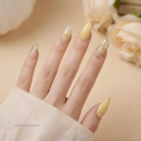 Golden Rose Garden Soft Butter Yellow & Warm Nude Press On Nails with 3D Gold Rose Designs for Spring Celebrations