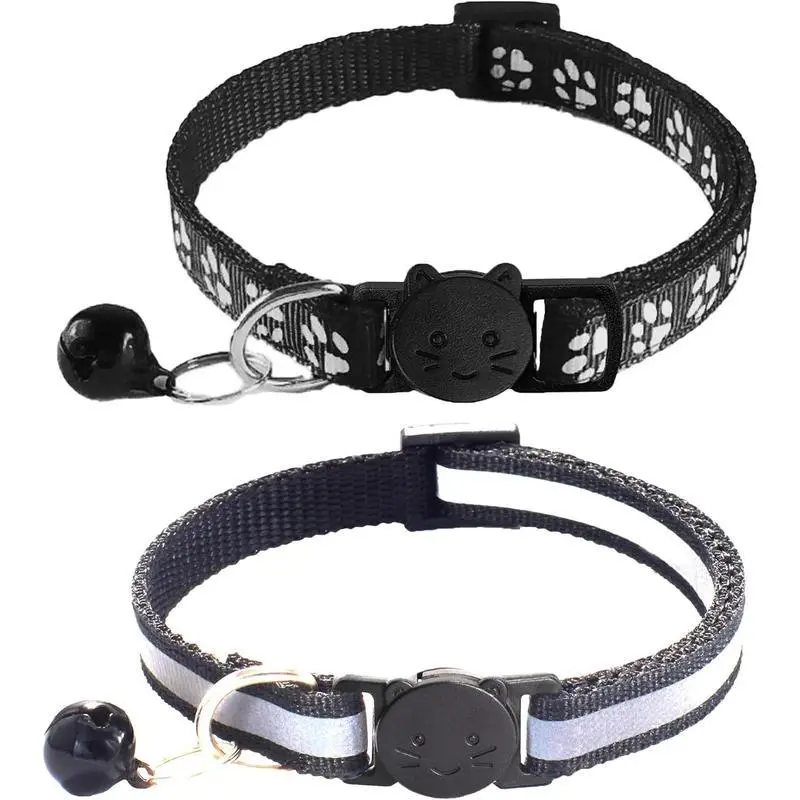 2-Pack Nylon Fabric Cat Collars with Bells Included, Breakaway Safety Buckle, Reflective Design, 7-12 in Adjustable Fit