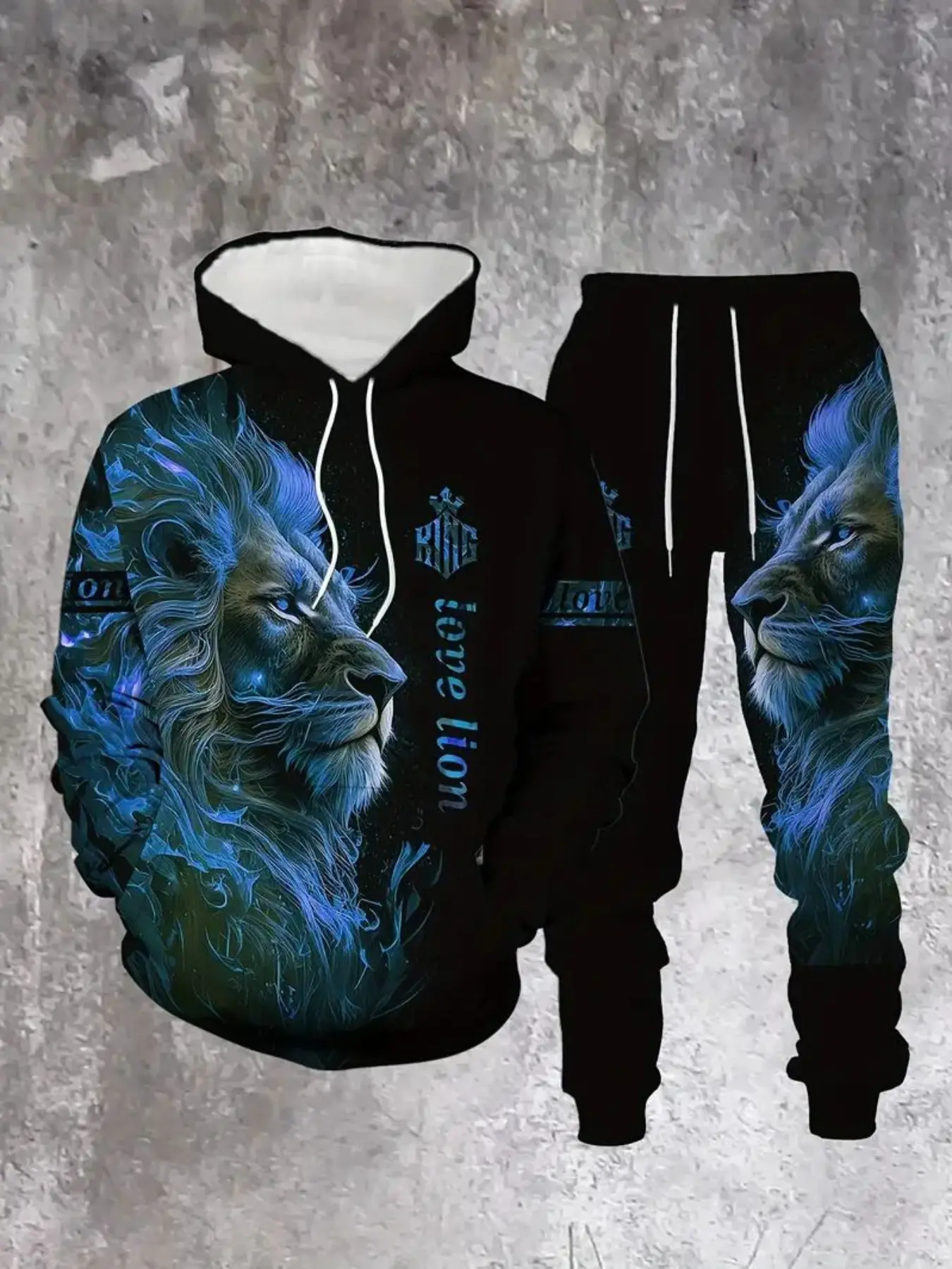 Men's Lion Print Hoodie Set, Animal Pattern Sportswear, Sporty Style, Long Sleeve, Regular Length, Fall & Winter, Fitted Design, Comfortable Fabric, Stylish Tracksuit, Streetwear Tracksuit Set