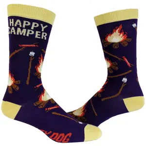 Women's Happy Camper Socks Funny Outdoor Hiking Adventure Graphic Novelty Nature Footwear Funny Graphic Socks Comfortable Fitted Spandex Cotton