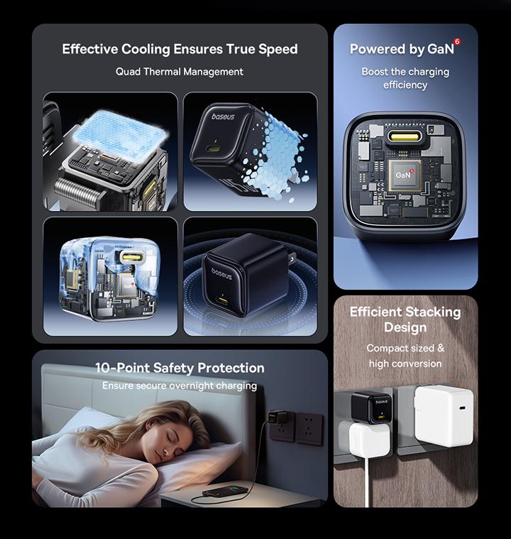 【Pack of 2】Baseus GaN6 Fast Charger 1C 45W US  (2*Baseus Mini White Fast Charging Data Cable)