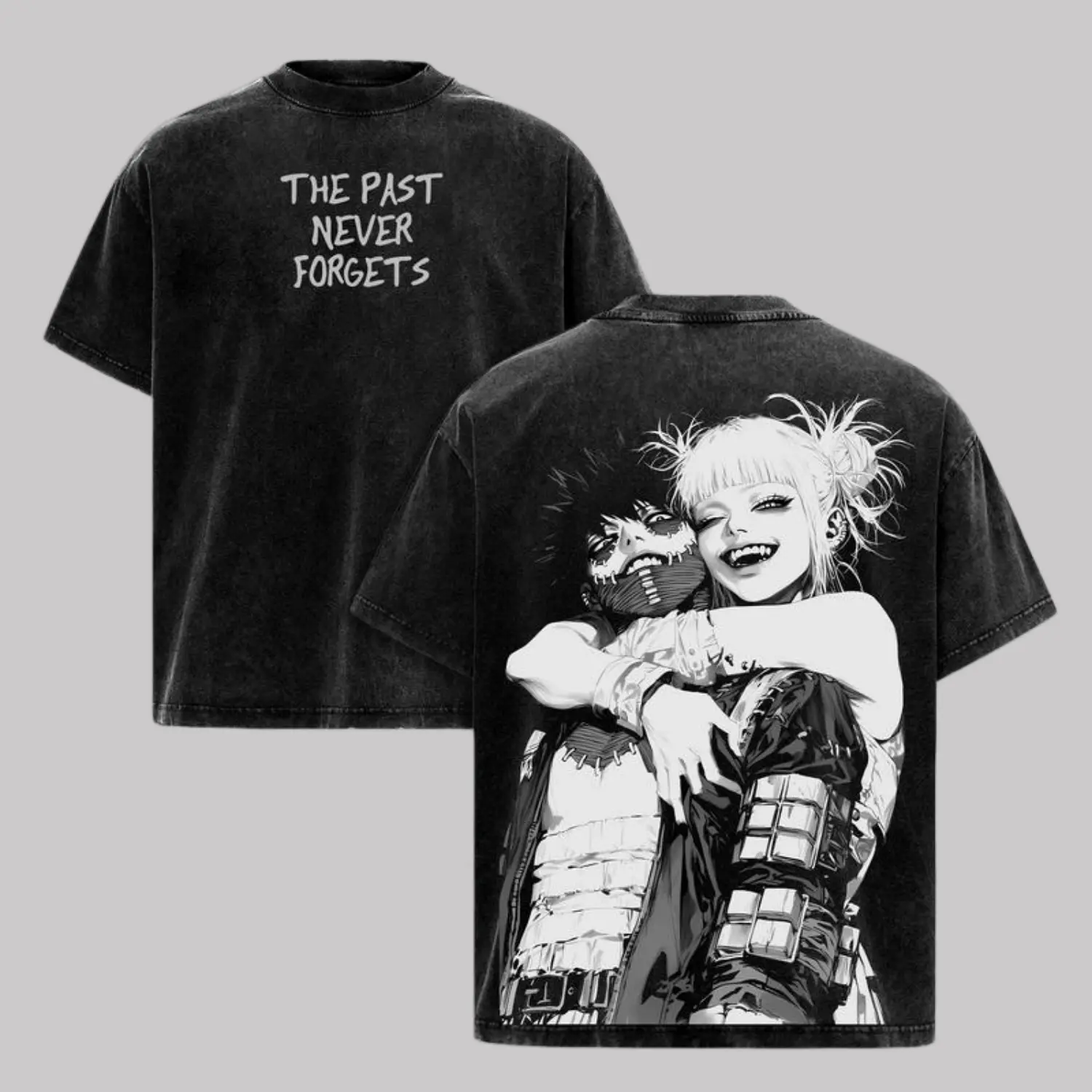 My Hero Academia Dabi x Toga Vintage-Washed Oversized Double-Sided Graphic T-Shirt, Unisex Heavyweight Cotton Manga Streetwear Tee