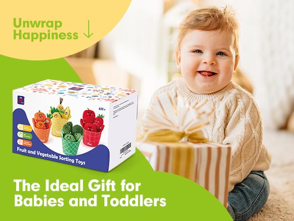 Hahaland 16Pcs My First Fruit Vegetable Color Sorting Color Play Food Toddler Toy with Crinkle Rattle Sound Montessori Educational Toy for Babies 6-12 Months Safe Soft Durable 6M+ 1-3 Years Birthday Christmas Valentine's Day Gift for Kids