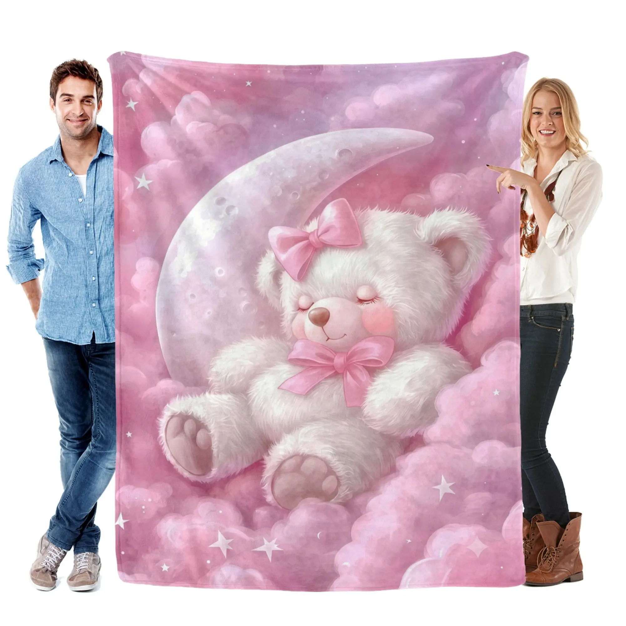 Pink Dreamy Sleeping Bear Moon Cloud Flannel Throw Blanket, Lightweight Ultra Soft Fuzzy Plush Blanket for Couch Bed Nursery, All Season Cozy, Sweet Gift for Baby Girls Toddlers Home Decor