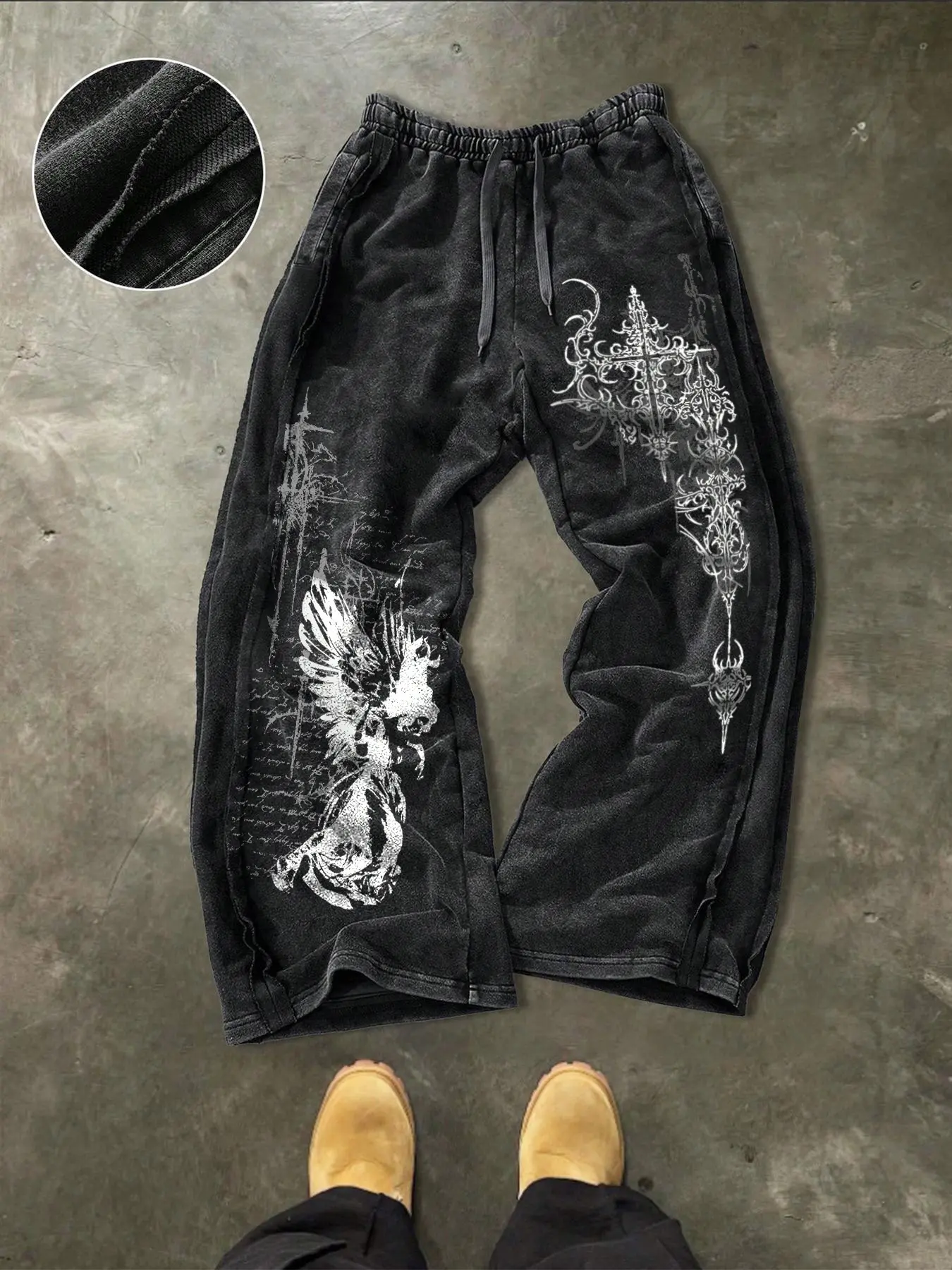 Men's Washed Cotton Elastic Sweatpants with Side Hem Stitching Design, Gothic Print Pattern, Comfortable Stylish Casual Pants for Daily Wear, Casual Fit Bottoms