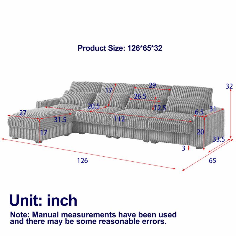 【Clearance Sale】Niccae 126-inch Corduroy L-Shaped Sofa with Cup Holder & USB Port, Movable Footrest, 4 Waist & Back Pillows, Spacious & Comfortable for 3-4 People, Chenille Fabric, Easy Assembly