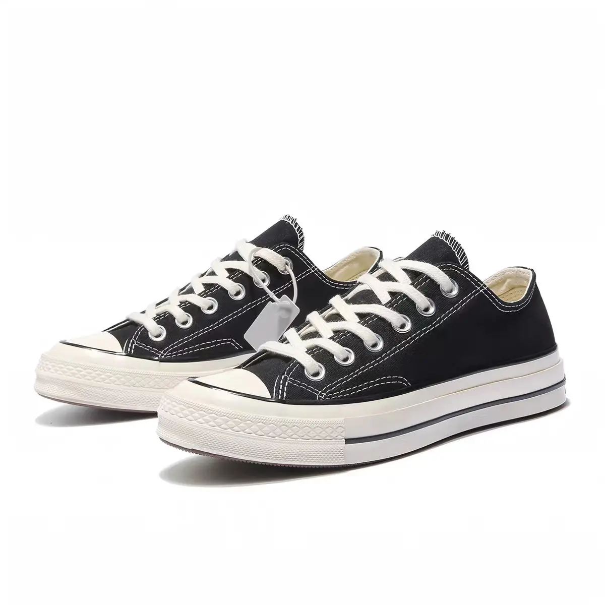 Black Canvas Low Top Casual Sneakers, Off White Rubber Toe Cap, Breathable Classic Skate Shoes for Daily Street Outfit, Multiple Sizes Available