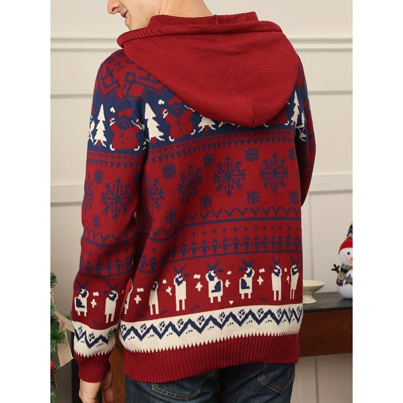 Men's Christmas Hooded Sweater with Snowflake & Reindeer Pattern Warm Knit Pullover for Holiday & Winter Wear Green & Red Menswear Festive Crewneck Long Sleeve Top - Casual