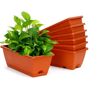 Bamworld Pack of 7 Window Sill Flower Boxes, 43 cm Rectangular Flower Pot with Drainage, Plastic Planter for Windows, Balcony, Patio, Red