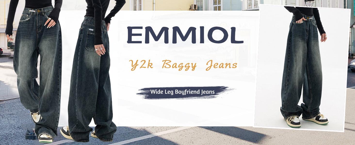 EMMIOL Wide Leg Baggy Jeans for Women – Y2K  Low Rise Denim jeans, Casual Streetwear 4 Pockets, Button Closure & Belt Loose Fit,baggy Fit Jean