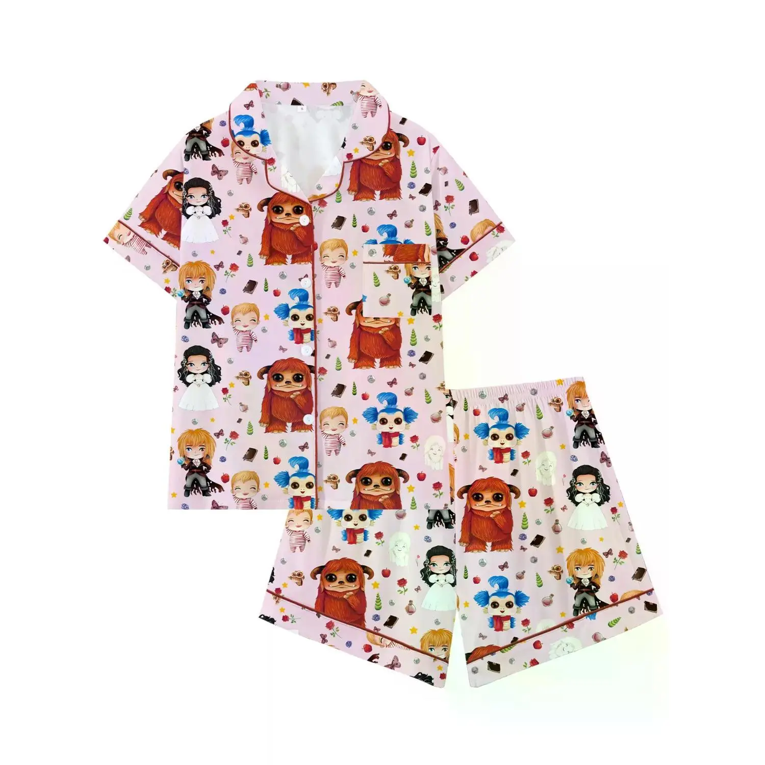 Teen Boys Cartoon Labyrinth Print Collared Pajama Set - Two-Piece Button-Up Top & Shorts, Casual Homewear, Comfortable Party Sleepwear for All Seasons