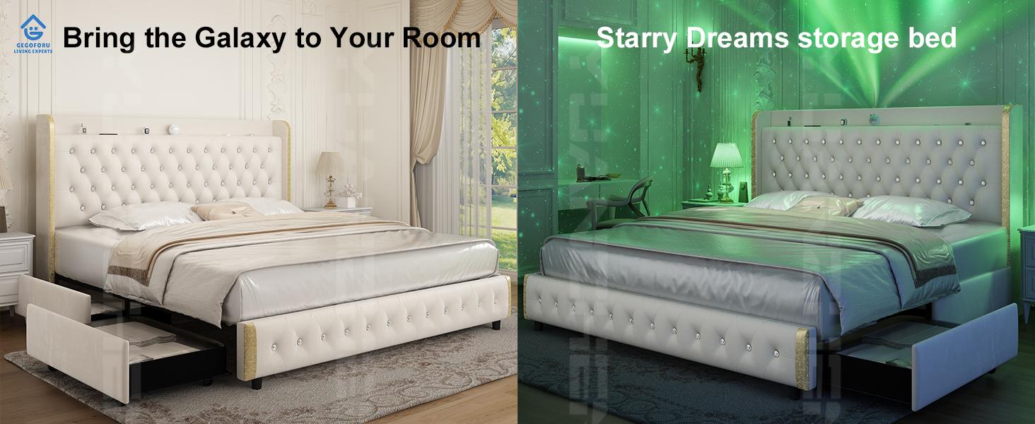 Queen LED Bed Frame Galaxy Projector  White Noise Bluetooth Music speaker,  , 46“ Tall Headboard with USB Charging ,  No Box Spring Required and No Mattress Included，Upholstered Bed with Wood Slat Support, Velvet
