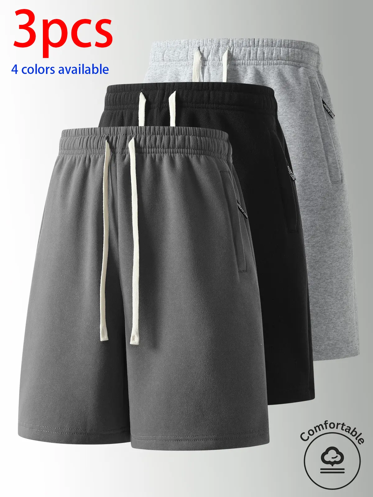 3-pack men's shorts, men's athletic shorts, men's casual bermuda shorts.Side pocket design, loose fit with a cinched waist paired with a long white drawstring—loose yet not constricting; suitable for sports/fitness, everyday outings, and home leisure wear