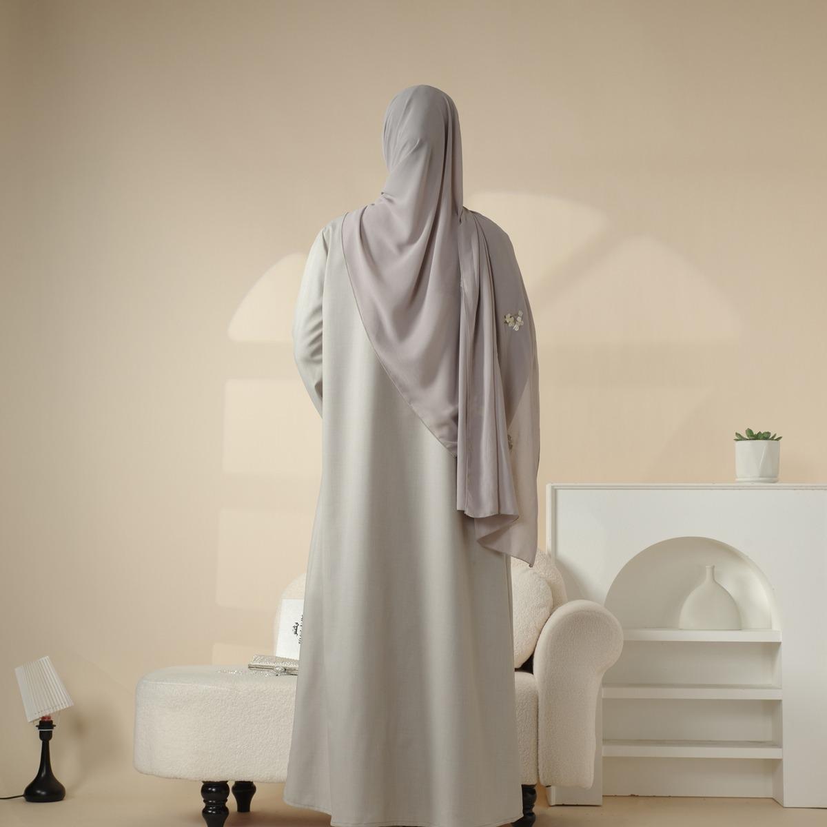 Olive Branch Embroidered Linen Abaya Set | 4-Piece Handmade Design | Jasmine & abaya coats | Symbol of Peace & Resilience | Includes Open Abaya, Inner Dress, Hijab, Belt | Modest Fashion | Full-Length, Wide Sleeves | Perfect for Weddings elega