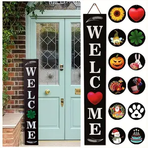 47 Inch Tall Wind-withstand Welcome Sign for Front Door Porch Standing,12 Seasonal Signs Interchangeable for Holidays and Seasons, Heavyweight Vertical Wood Porch Decor Signs