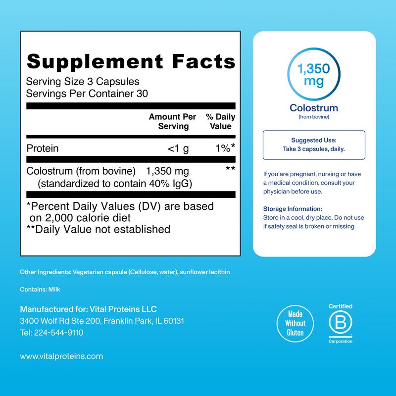 Vital Proteins Bovine Colostrum Supplement - Unflavored, 90 Capsules, 30 Servings | Gut Health, Immune Support