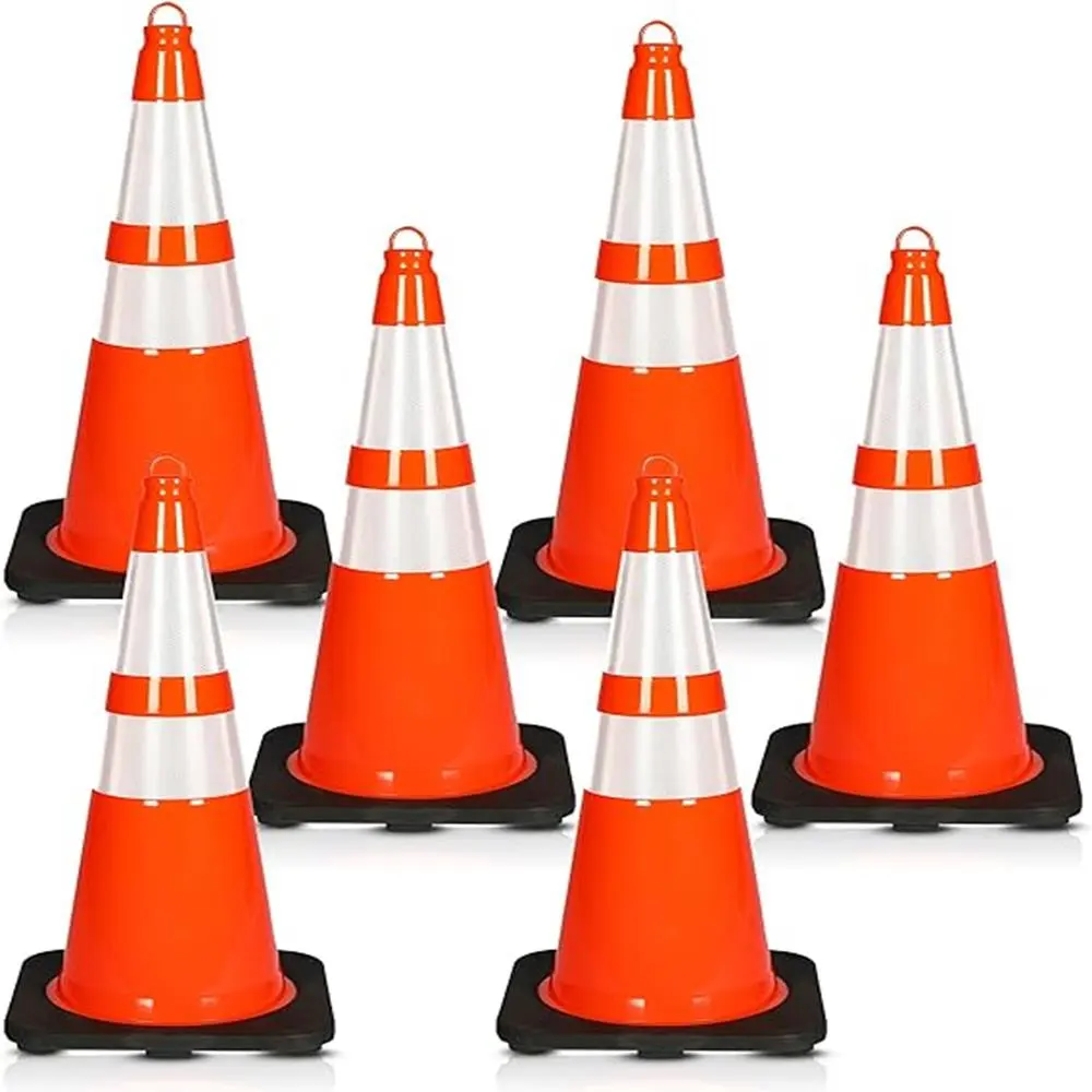 28" Traffic Cones - 6 Pack | High Visibility Reflective PVC Safety Cones with Heavy Duty Base - Weather Resistant & Stackable Road Cones for Parking, Construction, Roadwork, Events & Crowd Control
