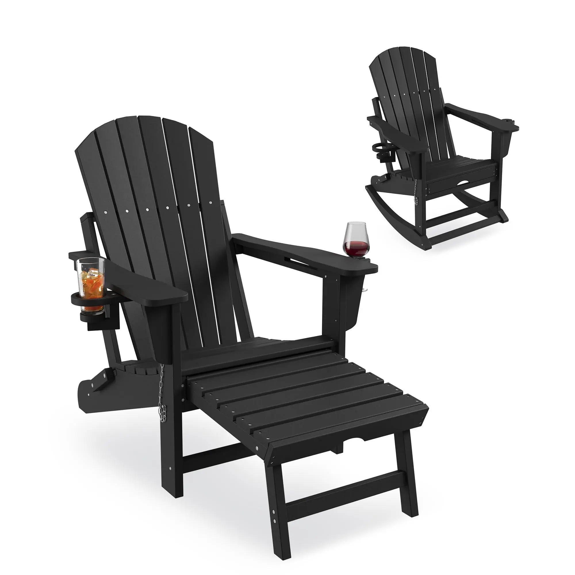 GARVEE Rocking Adirondack Chairs, Folding Adirondack Rocking Chair With Footrest, Adirondack RockingChair Outdoor With Retractable Ottoman and Cup Holder,Black