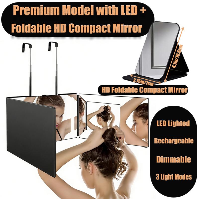3 Way Mirror for Self Hair Cutting 360 Trifold Barber Mirrors 3 Sided Makeup Mirror to See Back of Head Used for Hair Coloring Braiding Gifts for Men and Women LED Light, Rechargeable, Perfect Valentine's Day Gift