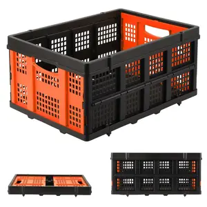 Garvee 55L Foldable Plastic Milk Crate with Side Handles - Heavy Duty, Stackable, Collapsible Storage Container for Food, Drinks, Books, Tools, and More in Bright Orange