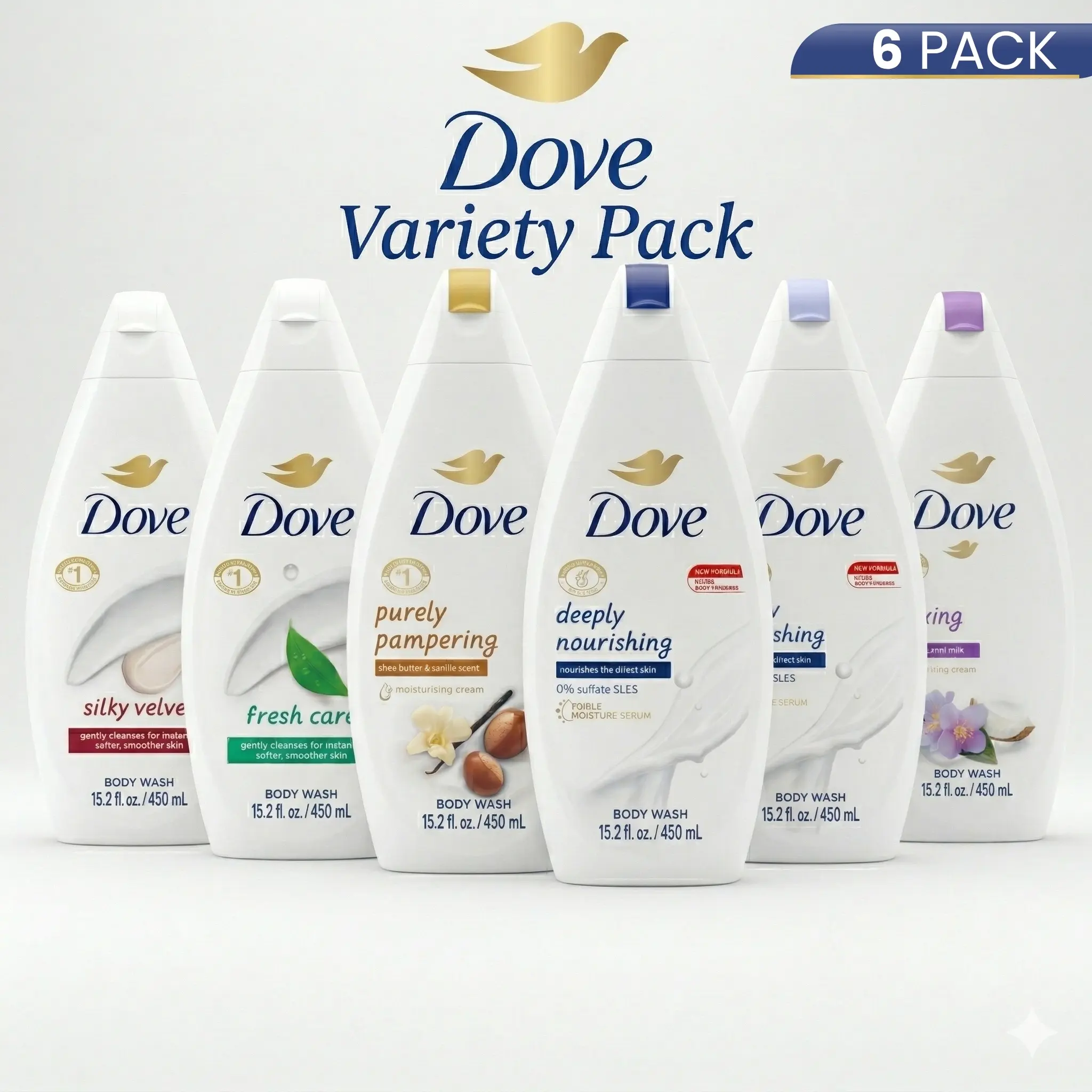 Dove Body Wash Variety Multi-Pack (6 Count, 15.2oz/450ml) - 1/4 Moisturizer Cream Body Care Cleanser, Hydrating, Gentle, Nourishing, Silky Velvet Texture, Fresh Care Body Cleansing Products Moisturizing