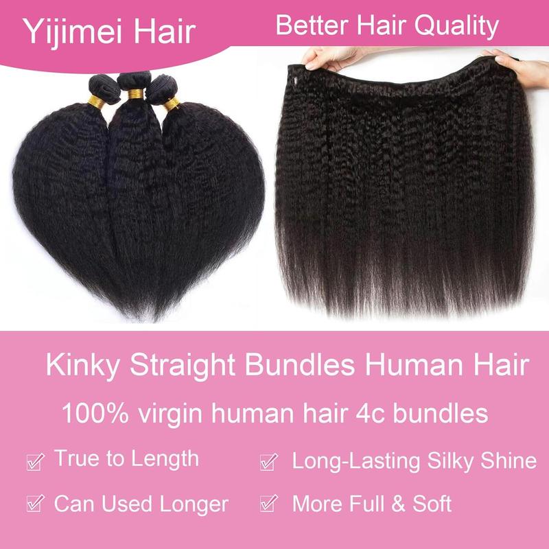 Megeen Human Hair Yaki Straight Bundles 12A 100% Human Hair Natural Black Human Hair Extensions Kinky Straight Full and Thick Remy Hair Bundles Brazilian Hair Weave