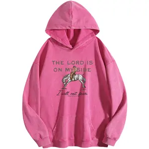 Holafish "THE LORD IS ON MYSIDE" Acid Wash Hoodie Vintage Sweatshirt Oversized Loose Fit Winter Warm Streetwear Casual Tunic