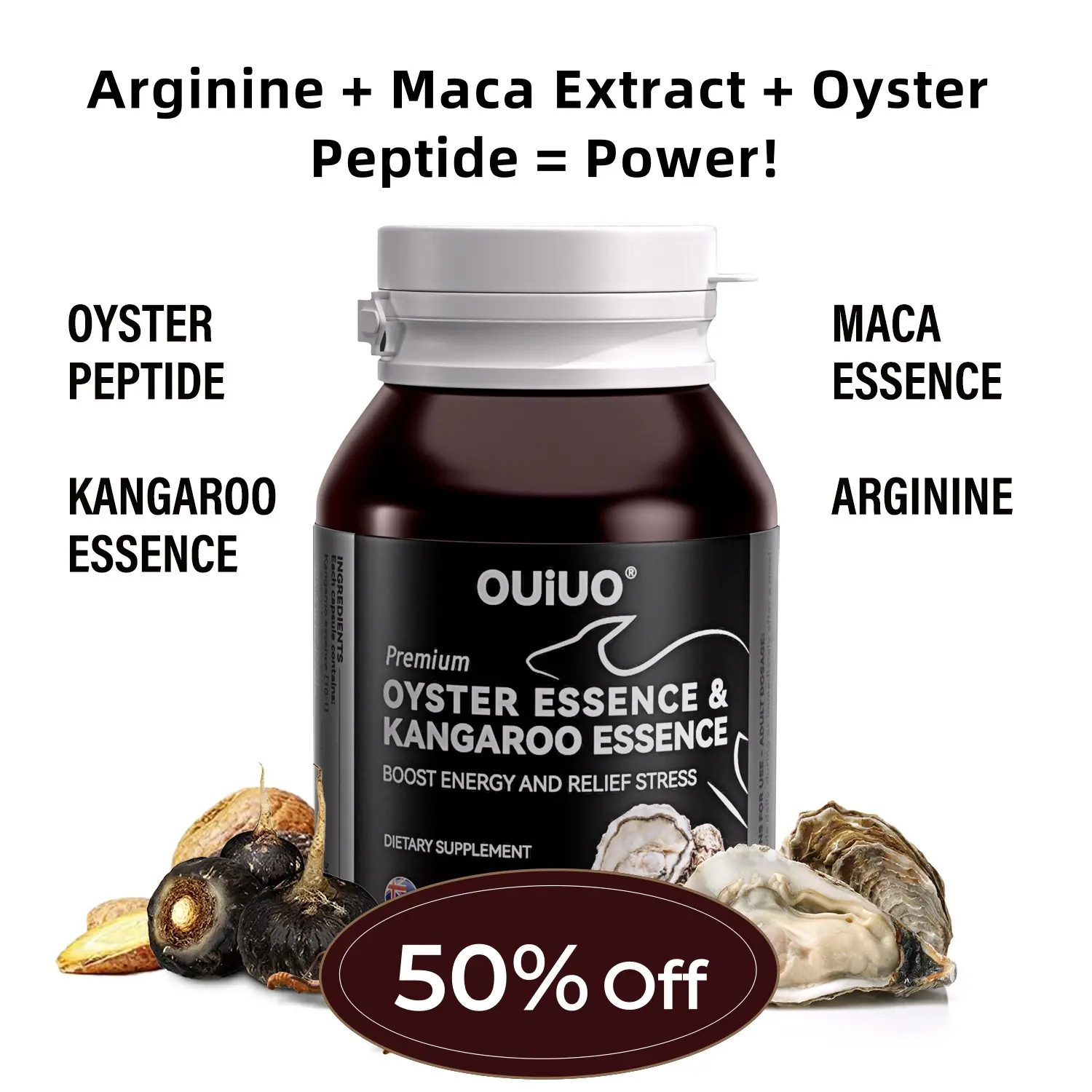 OUlUO 7-in-1 Nitric Oxide Amino Acid Booster Capsules - L-Arginine, Maca Extract, Oyster Peptides, Kangaroo Extract, Niacin, Zinc Selenium, Vitamins, Minerals - 60 Natural Dietary Supplement Capsules for Fitness, Blood Circulation, Vitamin