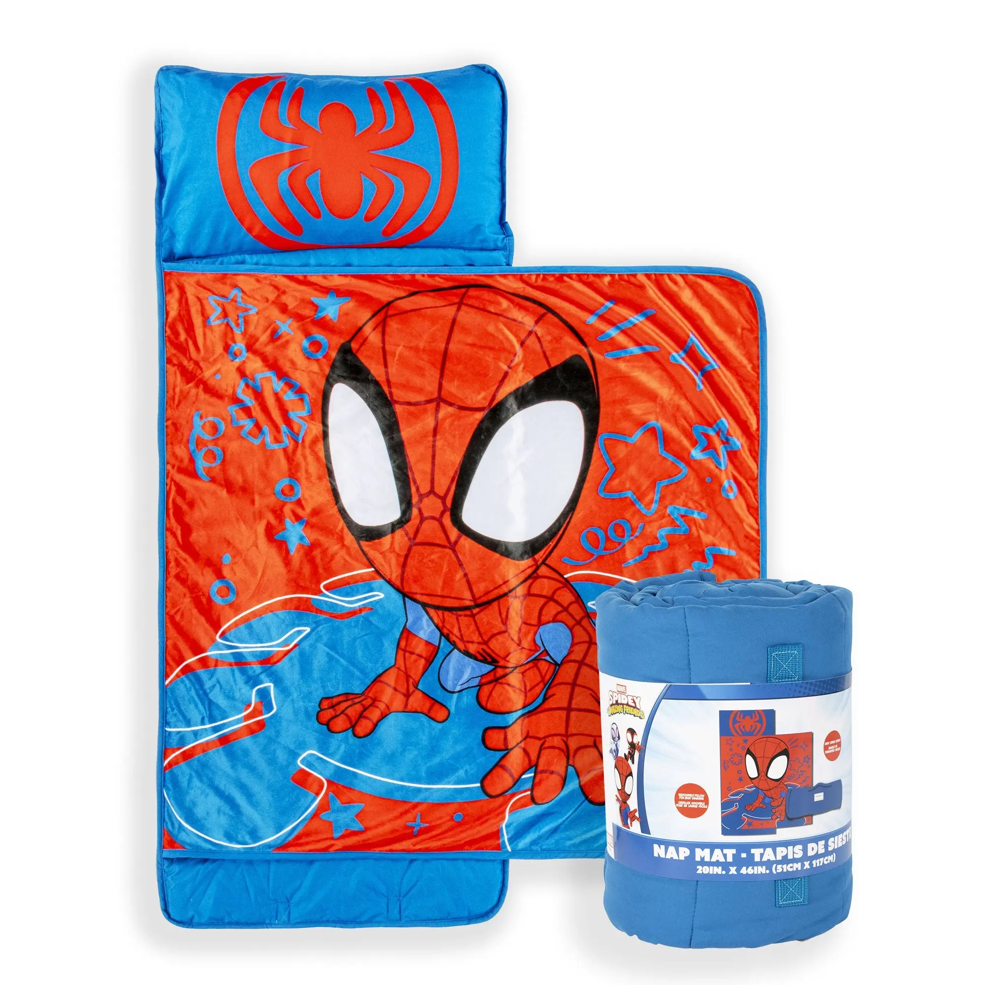 Jay Franco Spidey and Friends Ghost Spider Print Kids' Daycare Nap Mat - 100% Polyester, Durable, Lightweight, Machine Washable, 34x35in, Built-In Blanket, Removable Pillow, Velcro Close, 9.5x20in Carry Handle, Practical Gift, Holidays