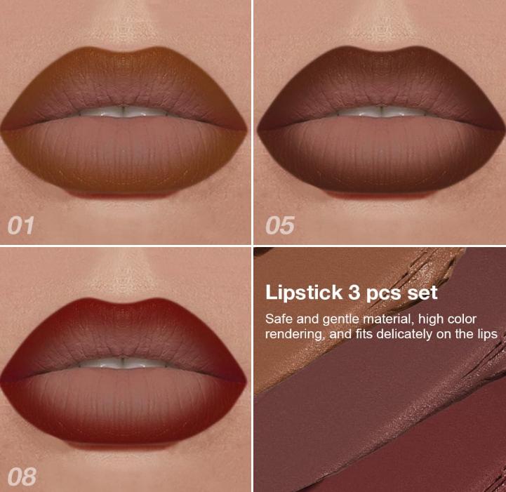 3Pcs Warm Brown Maroon Dark Wine Red Gradient Matte Lipstick Lip Liner Crayon Combo Pencil Set for Women Long Lasting, Cream Lip Liner and Lipstick Combo Makeup，Flawless Gradual Ombre Effect