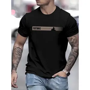 MEN'S casual crew neck T-shirt with "future" print, short sleeve, knit fabric, 95% polyester 5% spandex, slight stretch, regular fit, summer top-Black