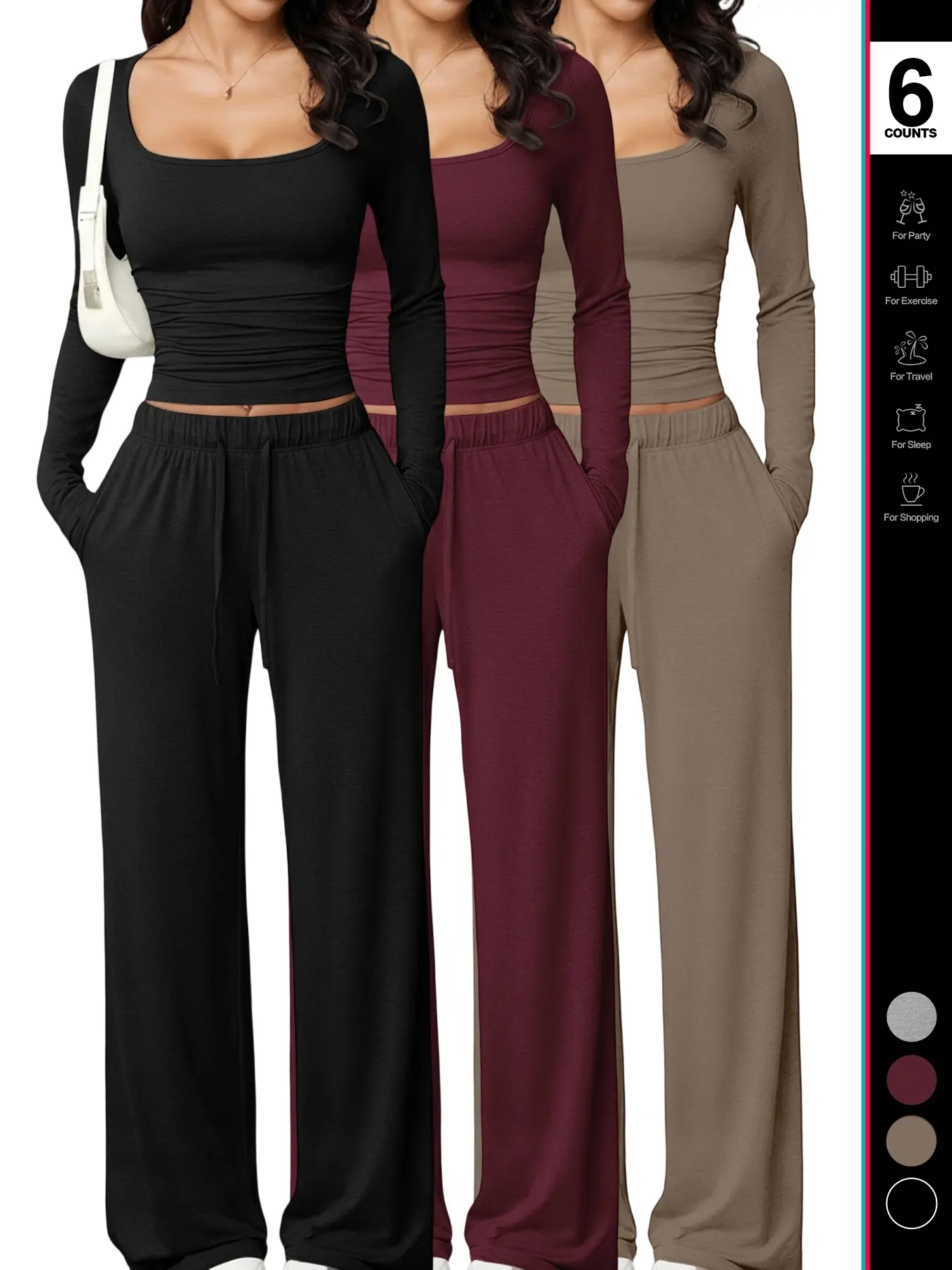 Women's 2 Piece Matching Basic Lounge Set, Square Neck Long Sleeve Crop Top, High Waisted Wide Leg Drawstring Adjustable Pants, Casual Sweatsuit Clothes