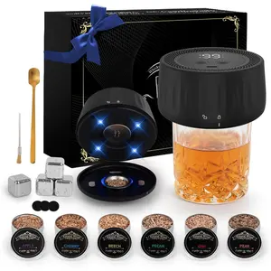 Electric Whiskey Smoker Kit with Led Lights, 4 Reusable Ice Cubes and 6 Flavors Natural Wood Chips, Old Fashioned Bourbon Smoker Kit for Home Bar, Bourbon Whiskey Gifts for Men, Dad, Husband