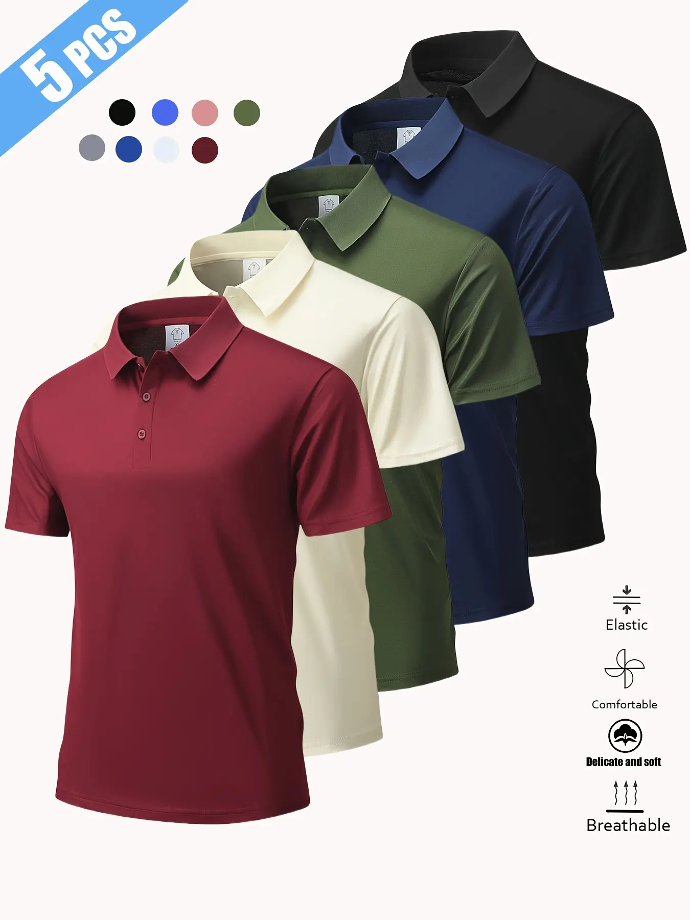 5 Pack Value Solid Color Polo Shirts with Turn Down Collar, solid color design, stylish minimalist and versatile, lightweight and breathable