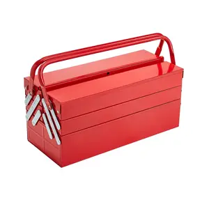 18-Inch Red Portable Folding Metal Tool Chest: 3-Tier 5-Tray Organizer with Handle, Lock Hole & Powder-Coated Steel, Perfect for Home, Factory, Warehouse & Repair Use