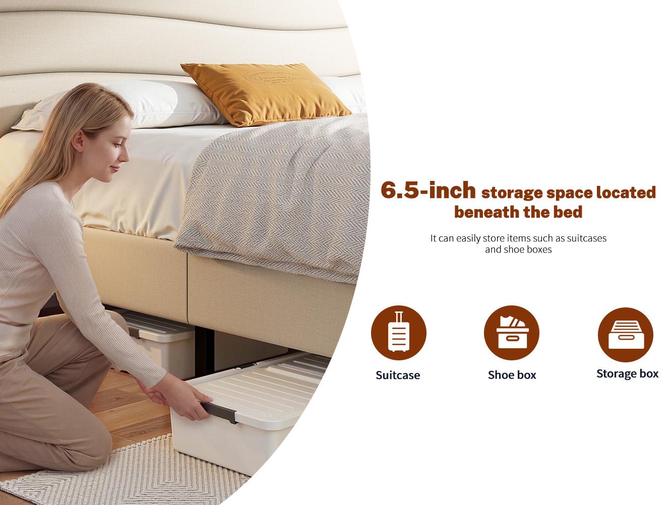 【The First Best Bed For Teens】Raybee Bed Frame Upholstered Headboard Height Adjustable Wavy Line Top Storage Shelf & USB Type-C Charging Noise-Free,Easy Assemble & Clean,Qeen Beige,Cream,Gray,King,Full