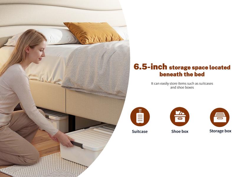 【The First Best Bed For Teens】Raybee Bed Frame Upholstered Headboard Height Adjustable Wavy Line Top Storage Shelf & USB Type-C Charging Noise-Free,Easy Assemble & Clean,Qeen Beige,Cream,Gray,King,Full