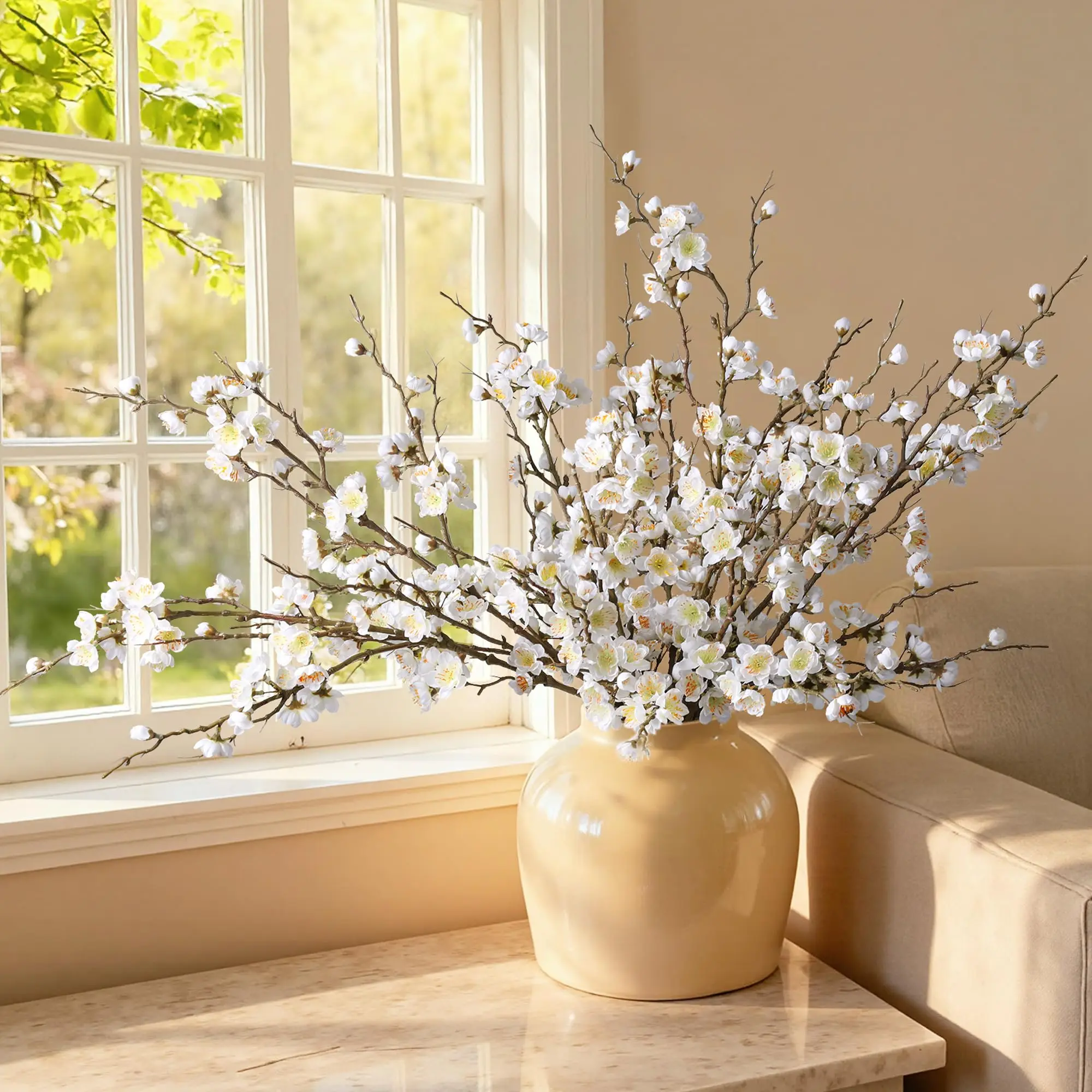 【Summer Deal】Silvanest 12/24Pcs Faux White Plum Blossom Branches 21.7'' Long Stem Artificial Silk Wintersweet Flowers for Winter Wedding, Home Office & Table Decor (White)