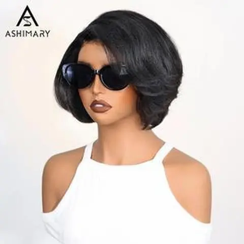 [New Arrival] Yaki Straight Layered Wig 6x4.5 Lace Closure Short Pixie Cut Wig for Black Women Silk Press Human Hair Bob Wig