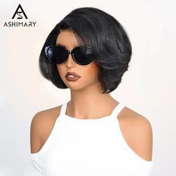 [New Arrival] Yaki Straight Layered Wig 6x4.5 Lace Closure Short Pixie Cut Wig for Black Women Silk Press Human Hair Bob Wig