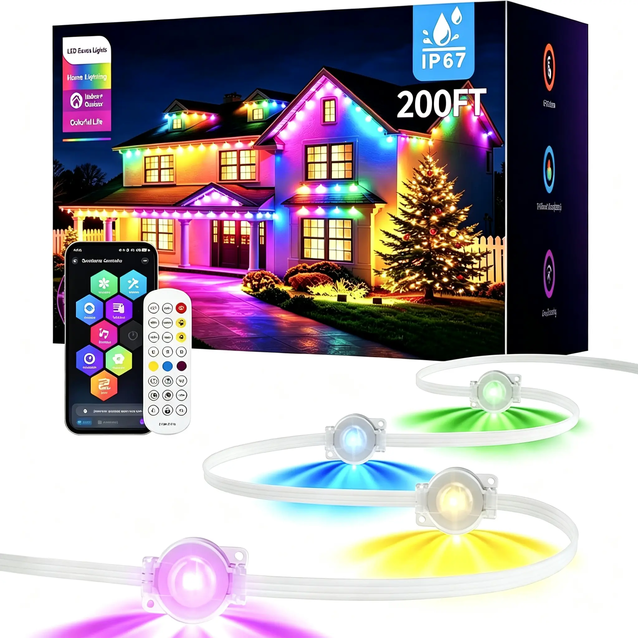 Permanent Outdoor Lights Pro, IP67 Waterproof RGB-IC Smart Eaves Lights with App & Remote Control, Music Sync Holiday Roof String Lights for Christmas Halloween Party