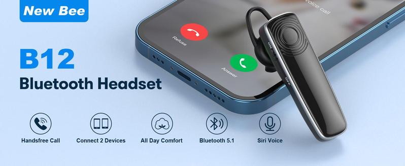 B41 New Bee Trucker Driver Bluetooth Earpiece V5.0 Wireless Handsfree Headset with Microphone 24 Hrs Driving Headset 60 Days Standby Time for iPhone Android Samsung Laptop