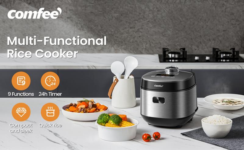 COMFEE' Compact Rice Cooker 8 Cups Cooked/4 Cups Uncooked, 9-in-1 Multi Cooker, Fast Rice Maker, Steam, Brown Rice, Grains, Fuzzy Logic Technology, Grey, Hoiday Haul, Gift