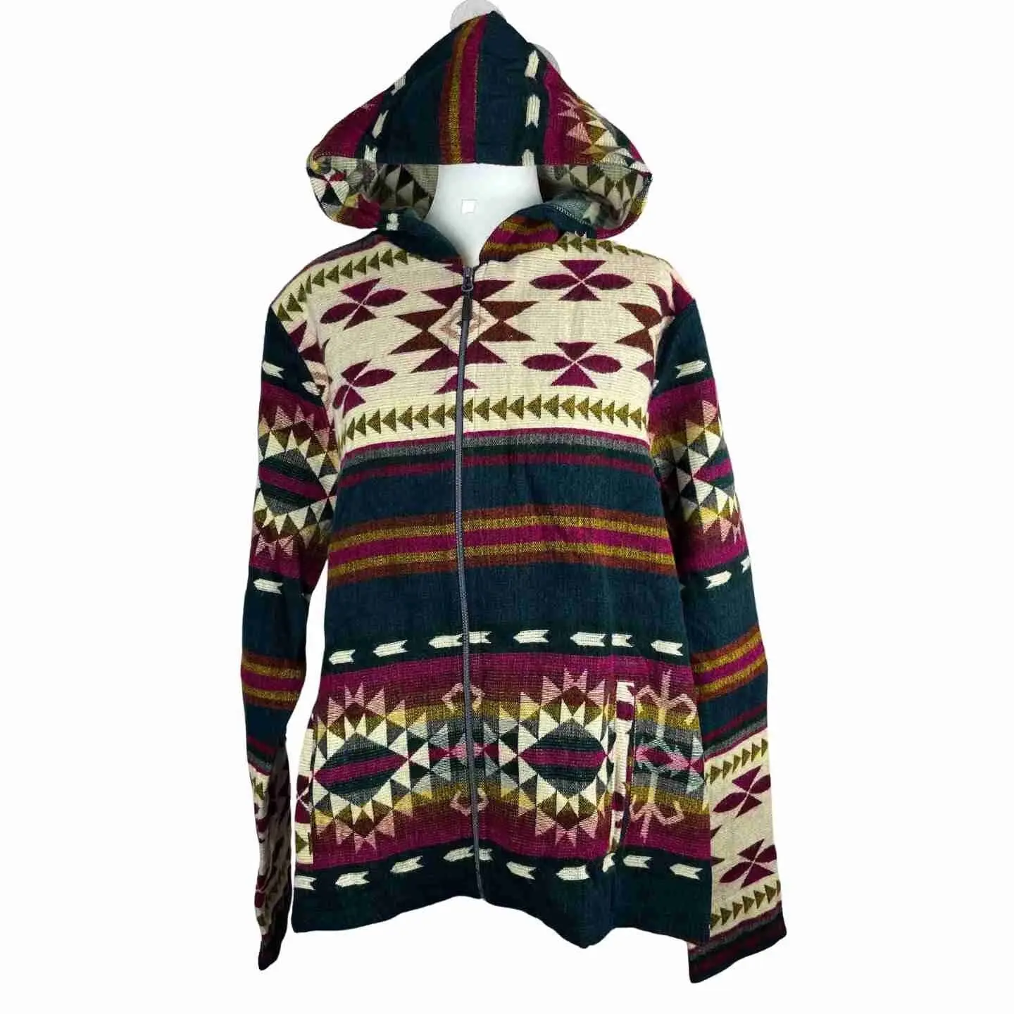 Hippie Hooded Alpaca Jacket - Casual Menswear Long Sleeve Layer, Soft Warm Alpaca Wool, Zipper Closure with Pockets, Navy Beige Colorful Pattern, Cold Weather Fall/Winter Hoodie