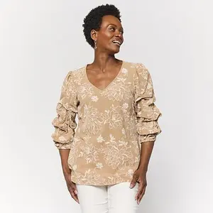 Nina Leonard V-Neck 3/4 Pick-Up Sleeve Printed Top