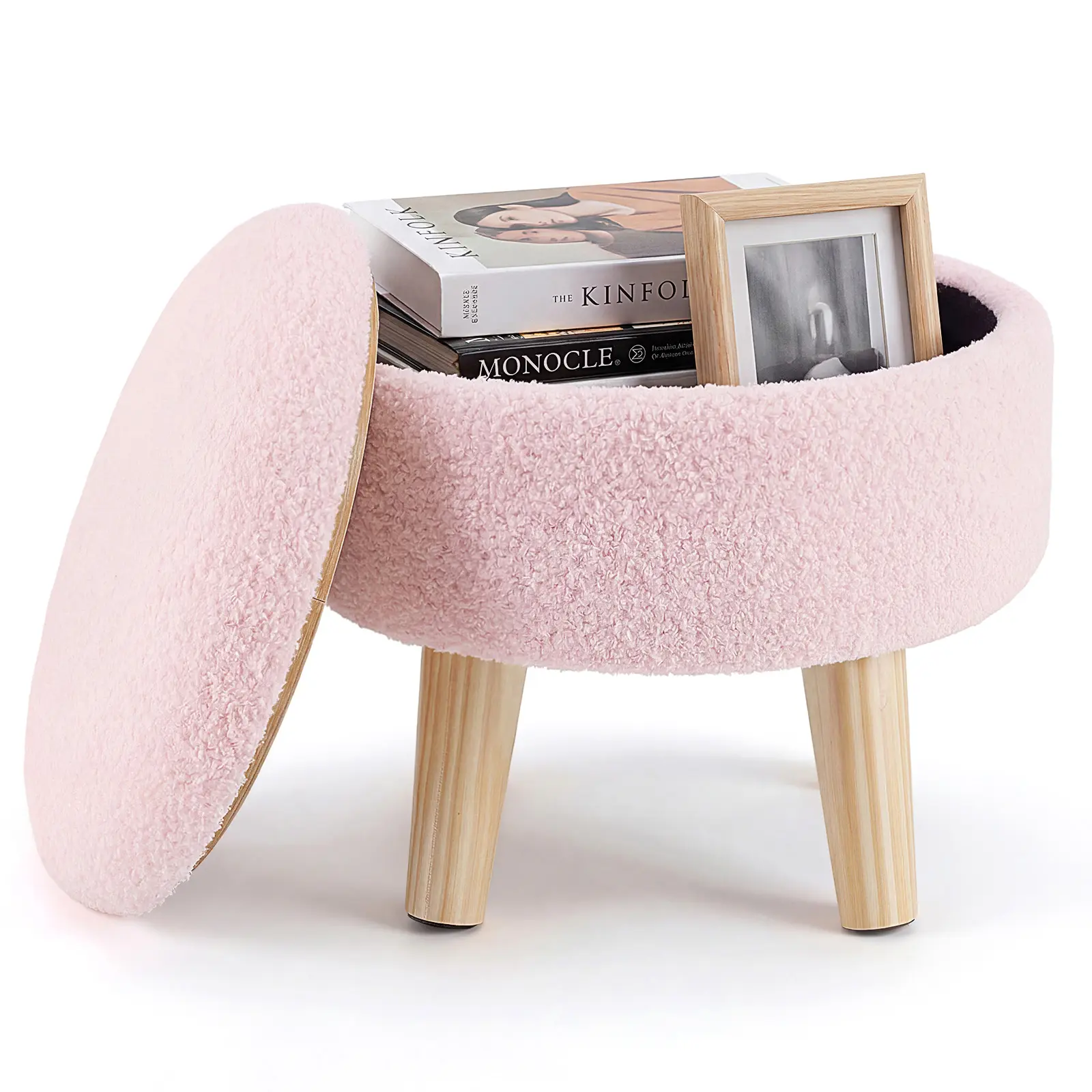 Round Storage Ottoman Foot Rest, Compact Boucle Upholstered Footstool with Hidden Storage, Padded Seat, Small Coffee Table for Living Room, Bedroom